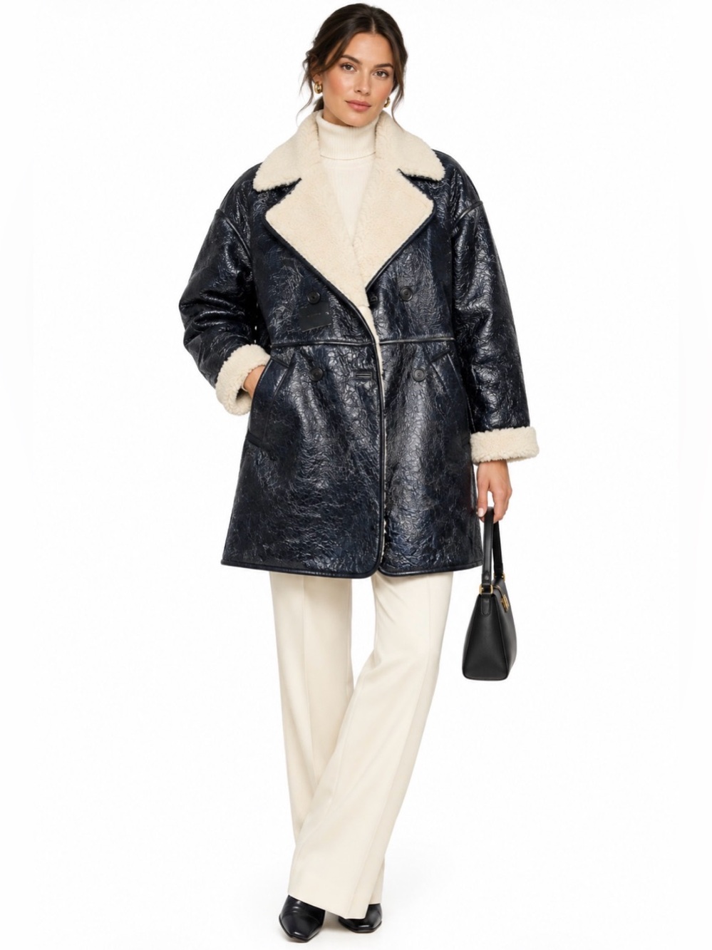 NWT Massimo Dutti black distressed Lamb Leather Shearling- lined coat sz small